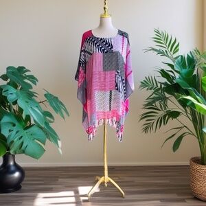 0145/  Pink batik Pattern Poncho, Short kaftan, Swim Cover Up.